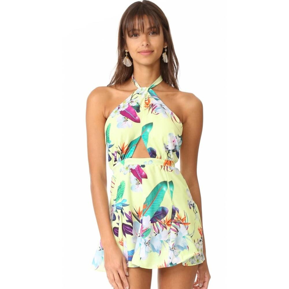 Tropical NWT Floral Print Mini Dress Halter Backless Yellow Pink Sleeveless - Picture 2 of 9